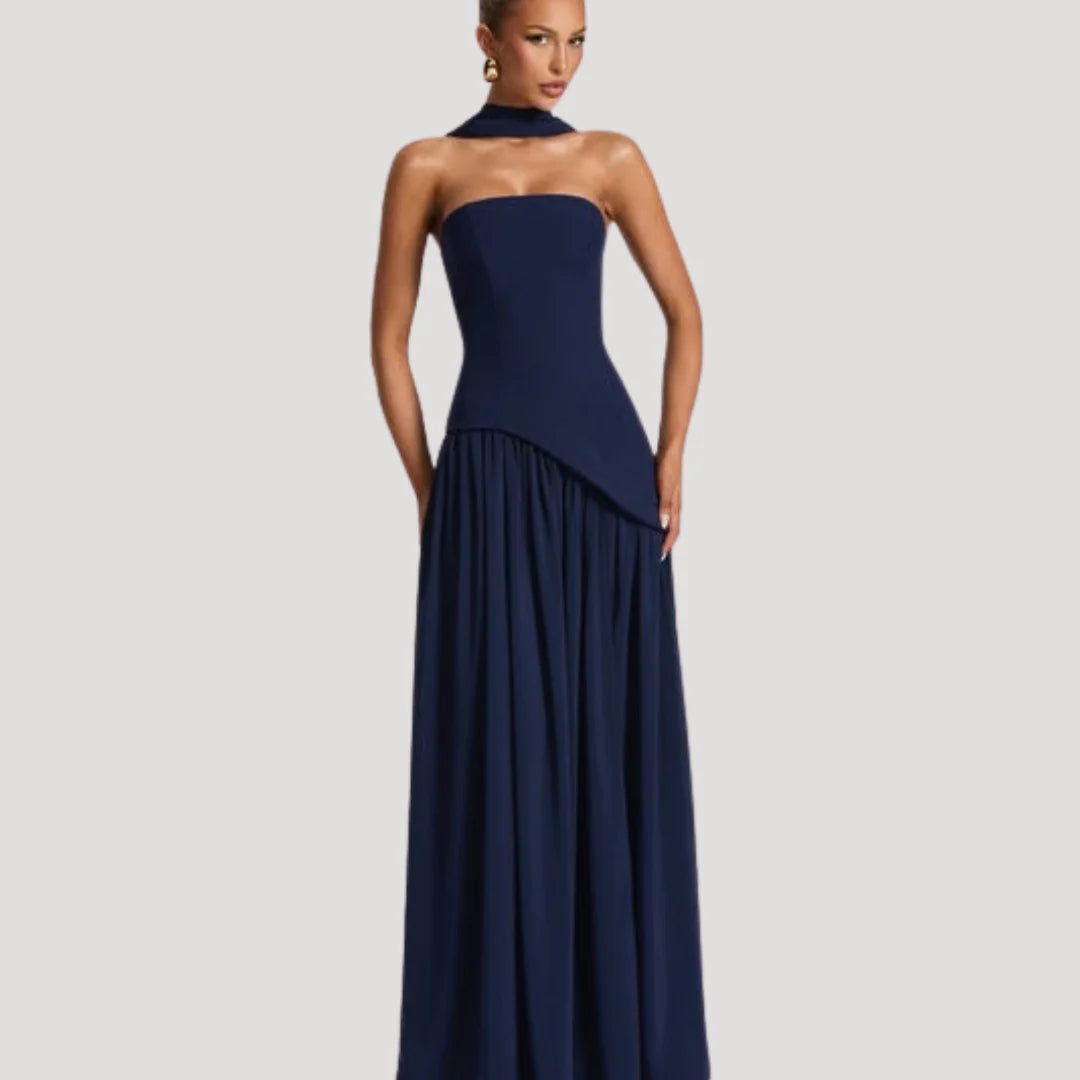 Strapless Maxi Jurk met Choker Halslijn en Hoge Split – Elegant & Luxe – Zafélisse