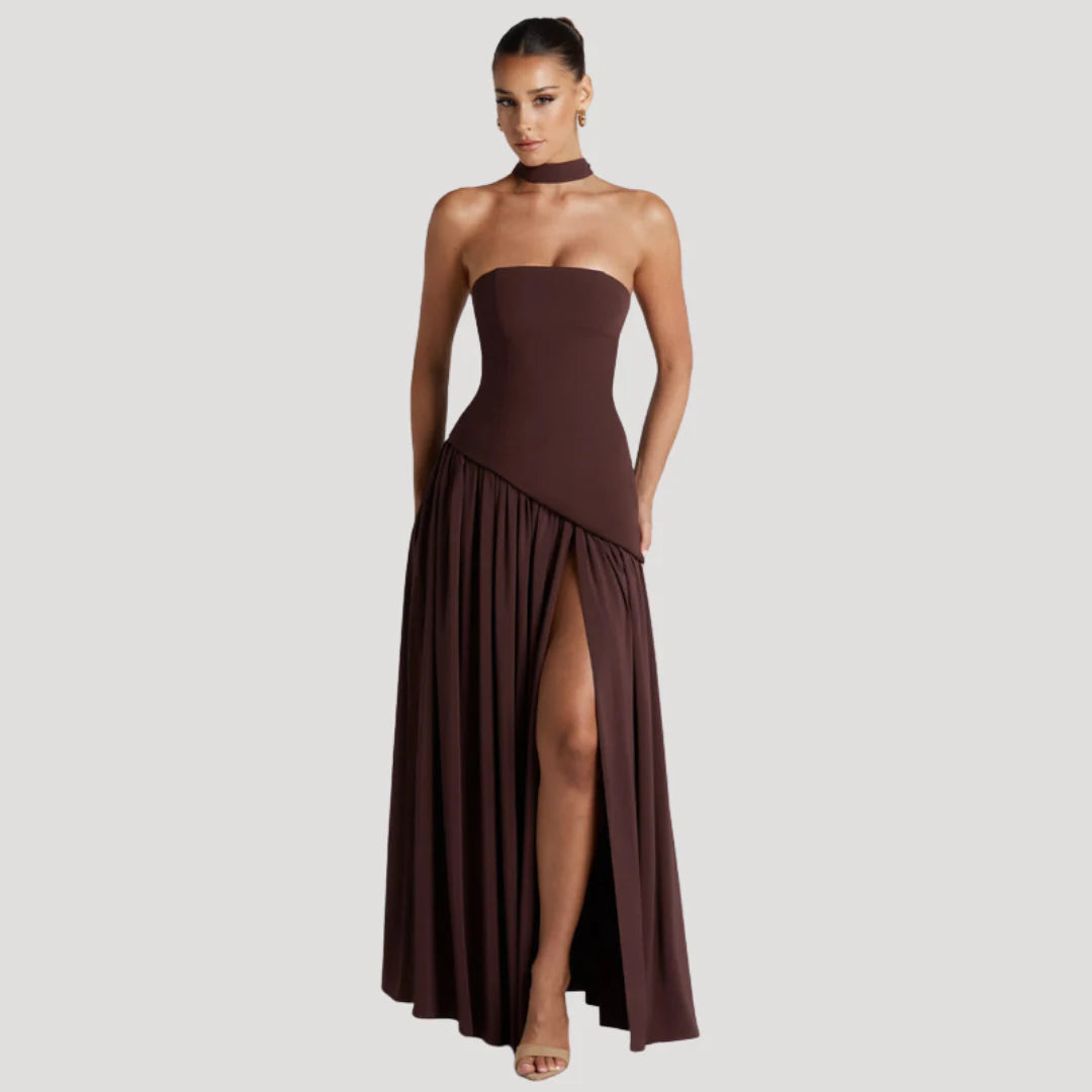 Strapless Maxi Jurk met Choker Halslijn en Hoge Split – Elegant & Luxe – Zafélisse