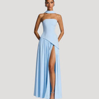 Strapless Maxi Jurk met Choker Halslijn en Hoge Split – Elegant & Luxe – Zafélisse