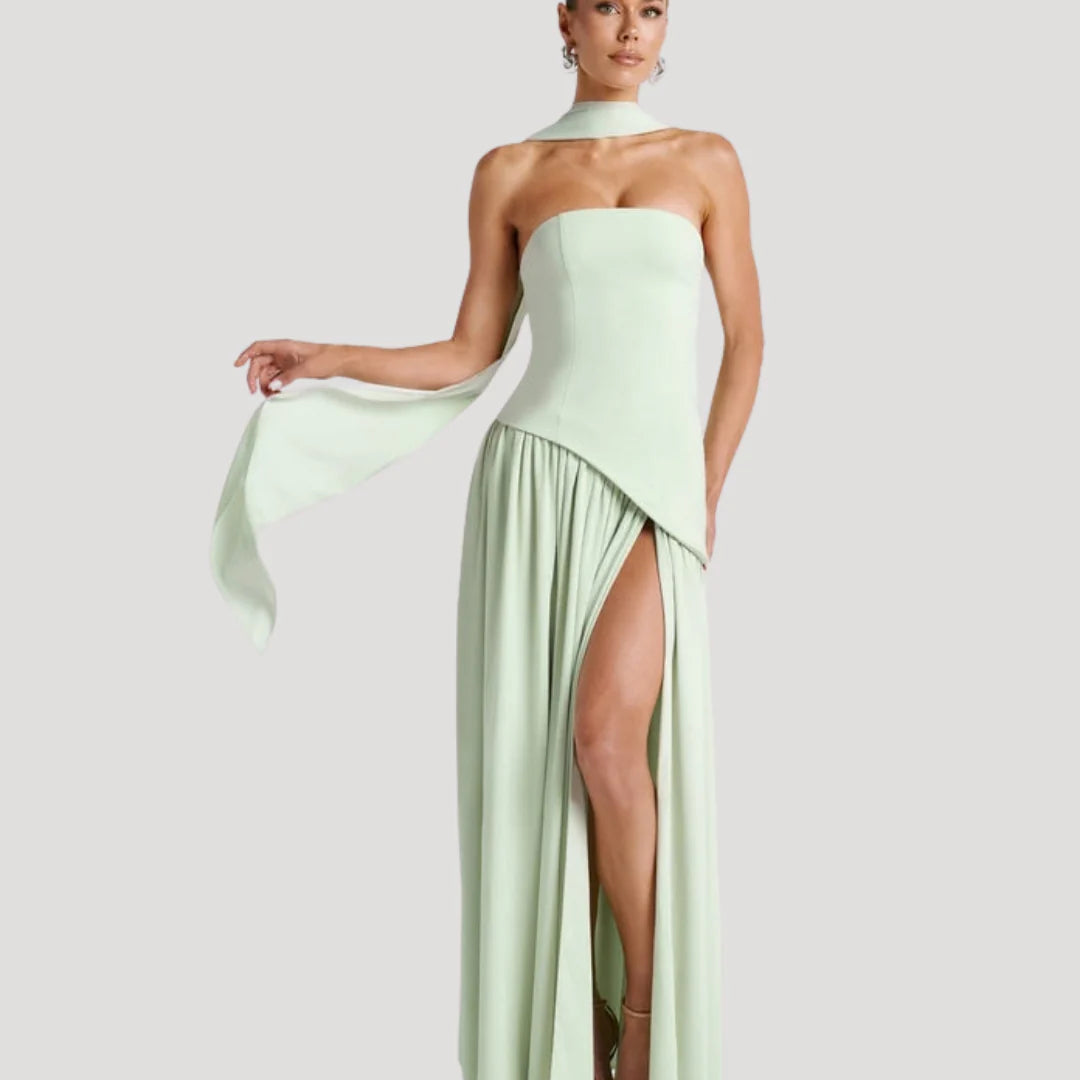 Strapless Maxi Jurk met Choker Halslijn en Hoge Split – Elegant & Luxe – Zafélisse
