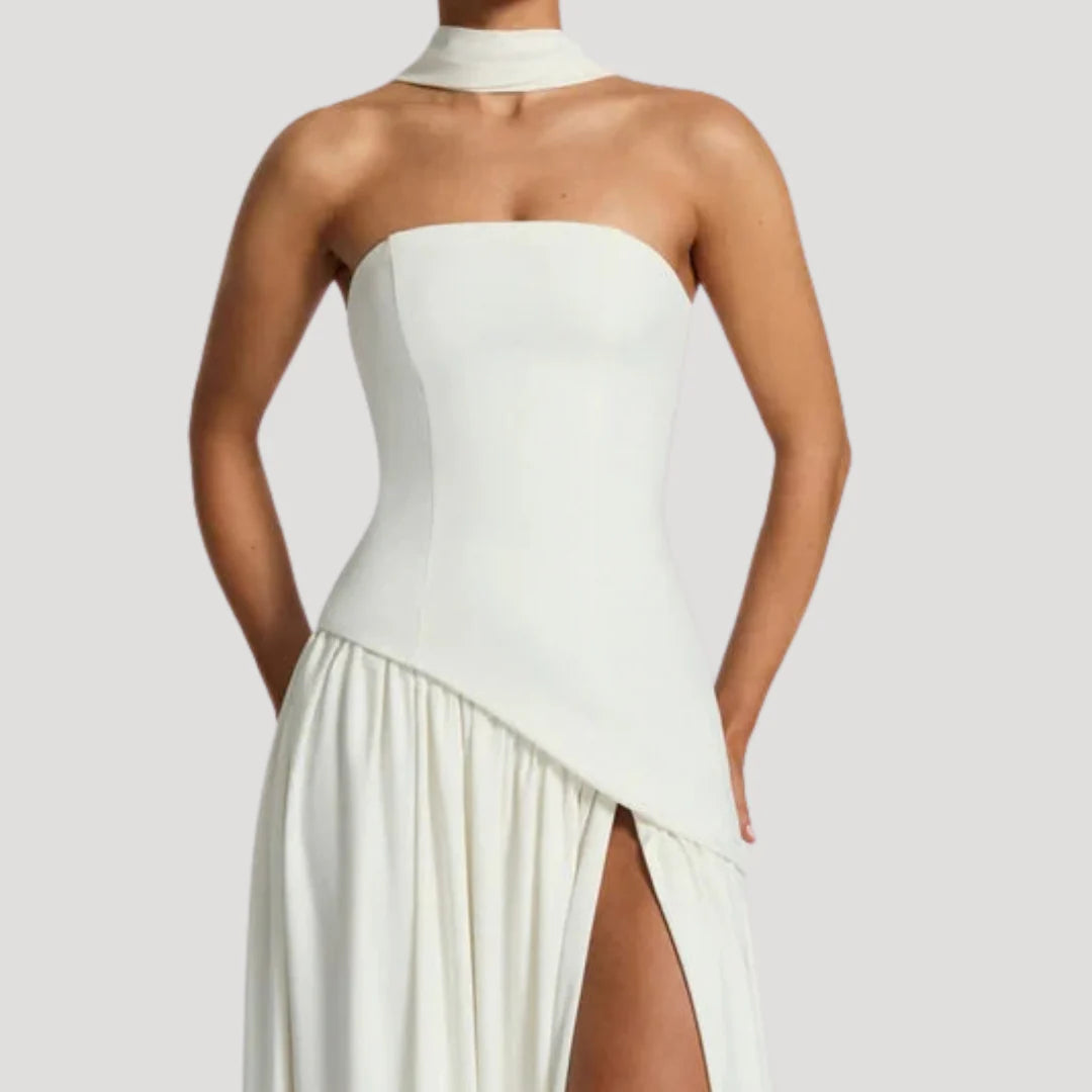 Strapless Maxi Jurk met Choker Halslijn en Hoge Split – Elegant & Luxe – Zafélisse