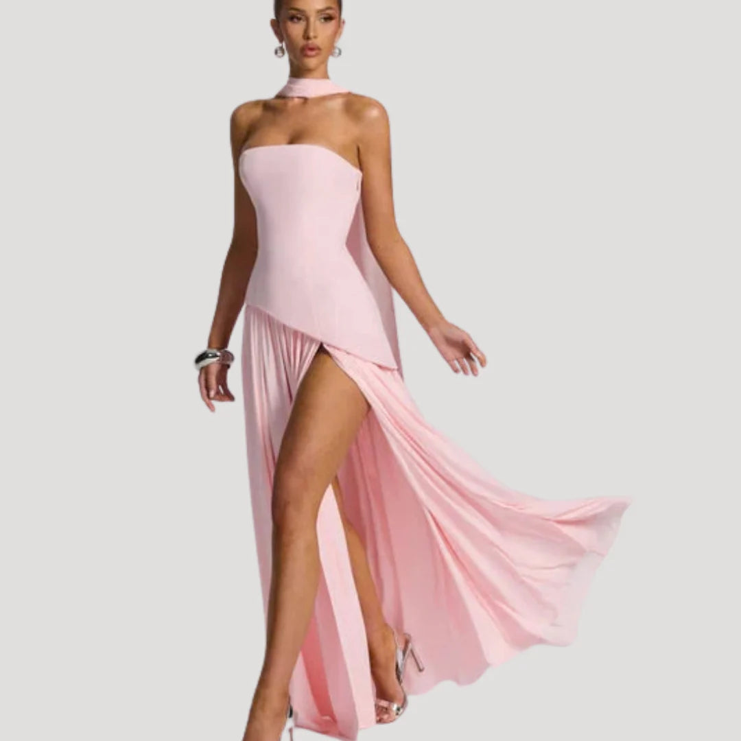 Strapless Maxi Jurk met Choker Halslijn en Hoge Split – Elegant & Luxe – Zafélisse