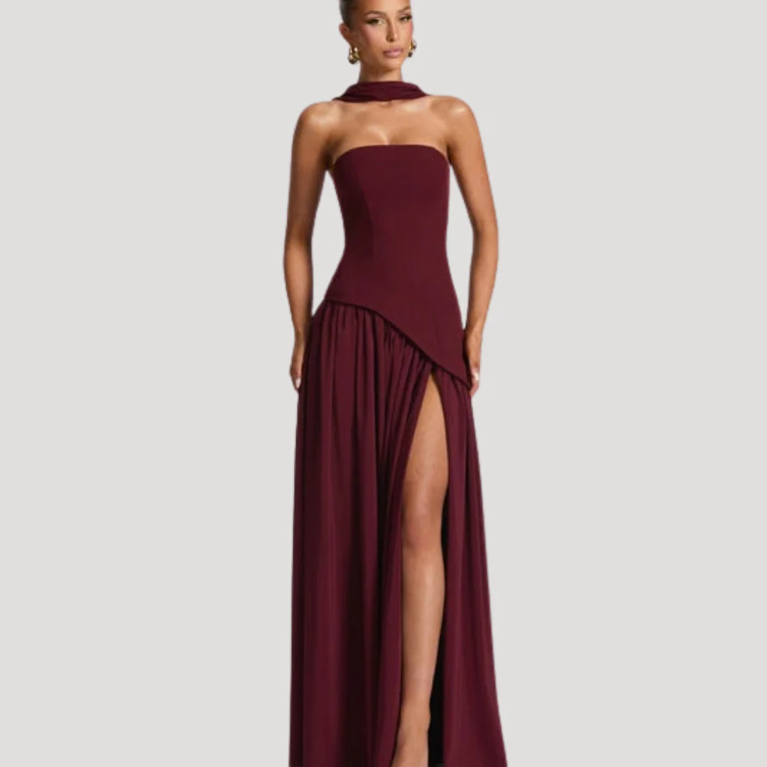 Strapless Maxi Jurk met Choker Halslijn en Hoge Split – Elegant & Luxe – Zafélisse