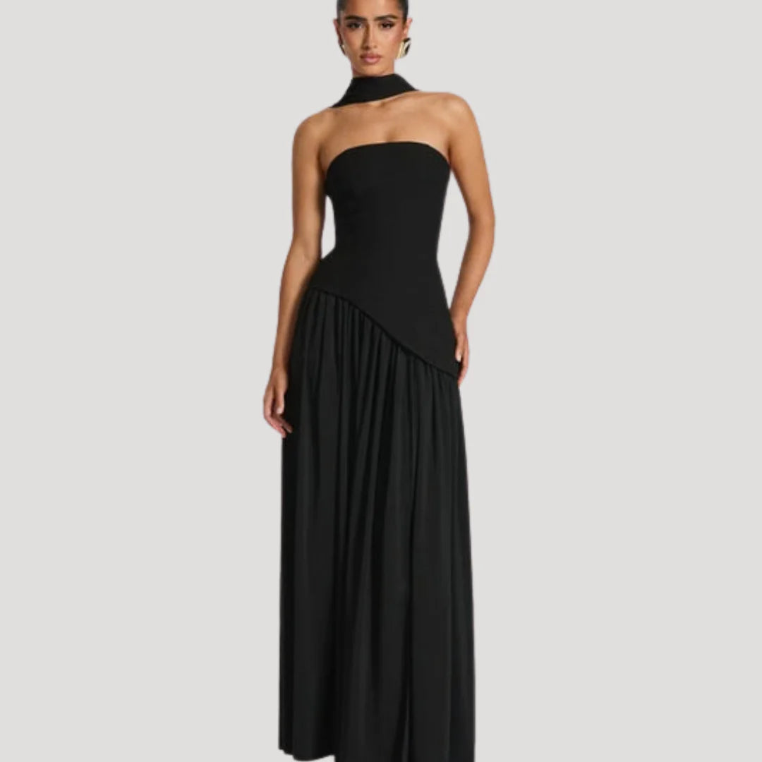 Strapless Maxi Jurk met Choker Halslijn en Hoge Split – Elegant & Luxe – Zafélisse
