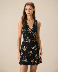 Dames Floral A-Line Mini Jurk met V-Hals – Elegant & Vintage – Zafélline