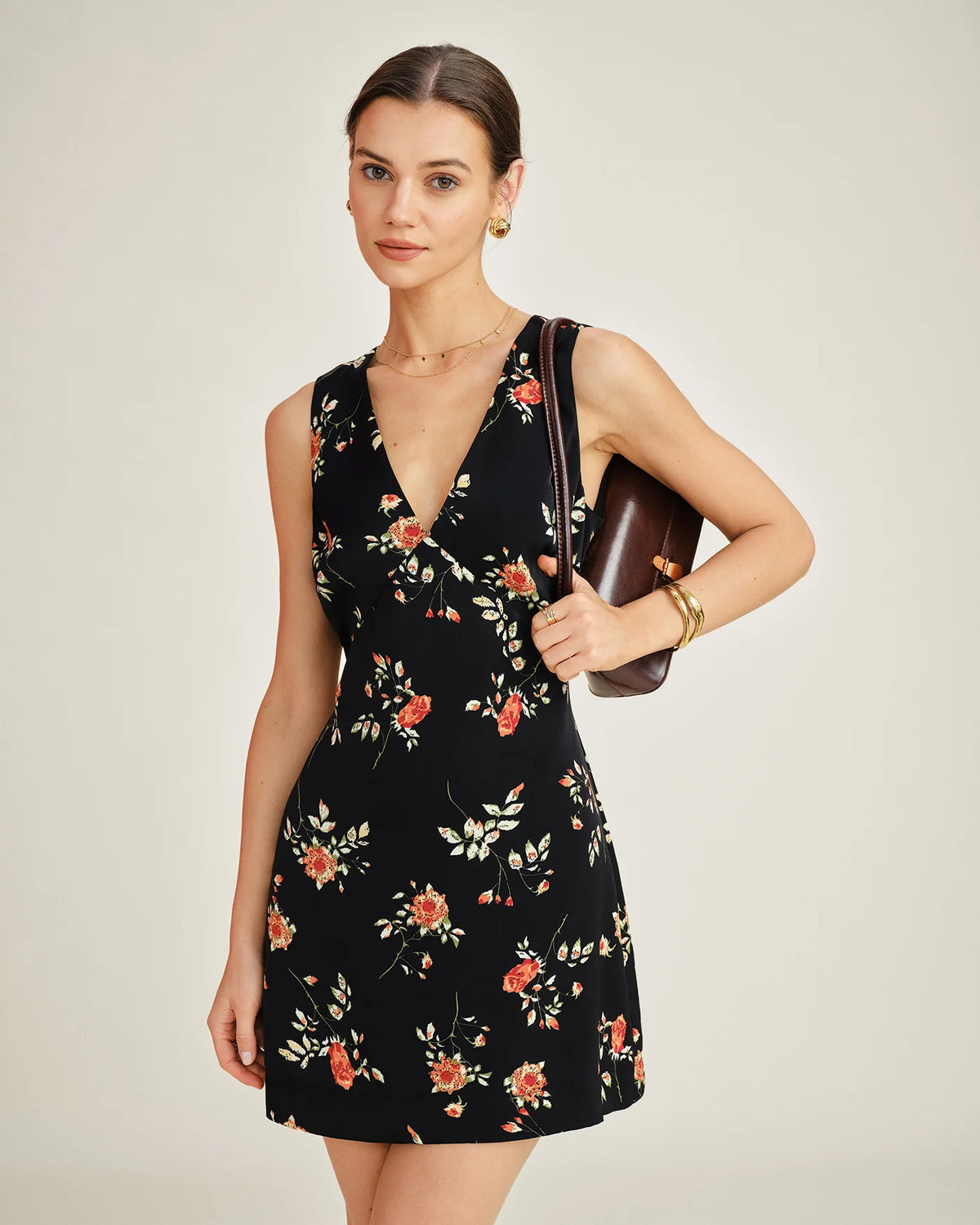 Dames Floral A-Line Mini Jurk met V-Hals – Elegant & Vintage – Zafélline