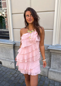 Roze mini jurk dames met ruches, vooraanzicht