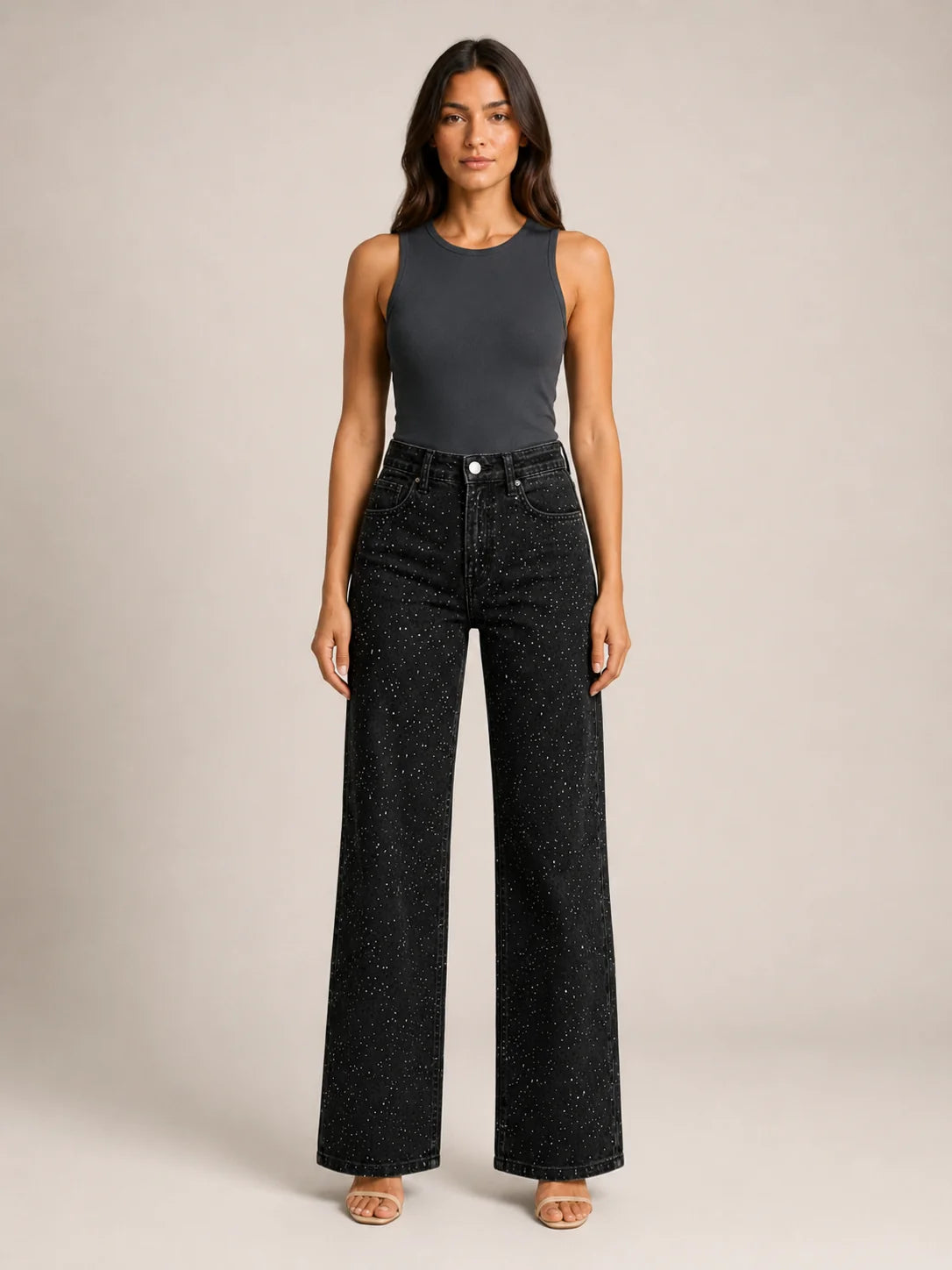 Wide leg jeans in zwart denim met hoge taille en five-pocket afwerking